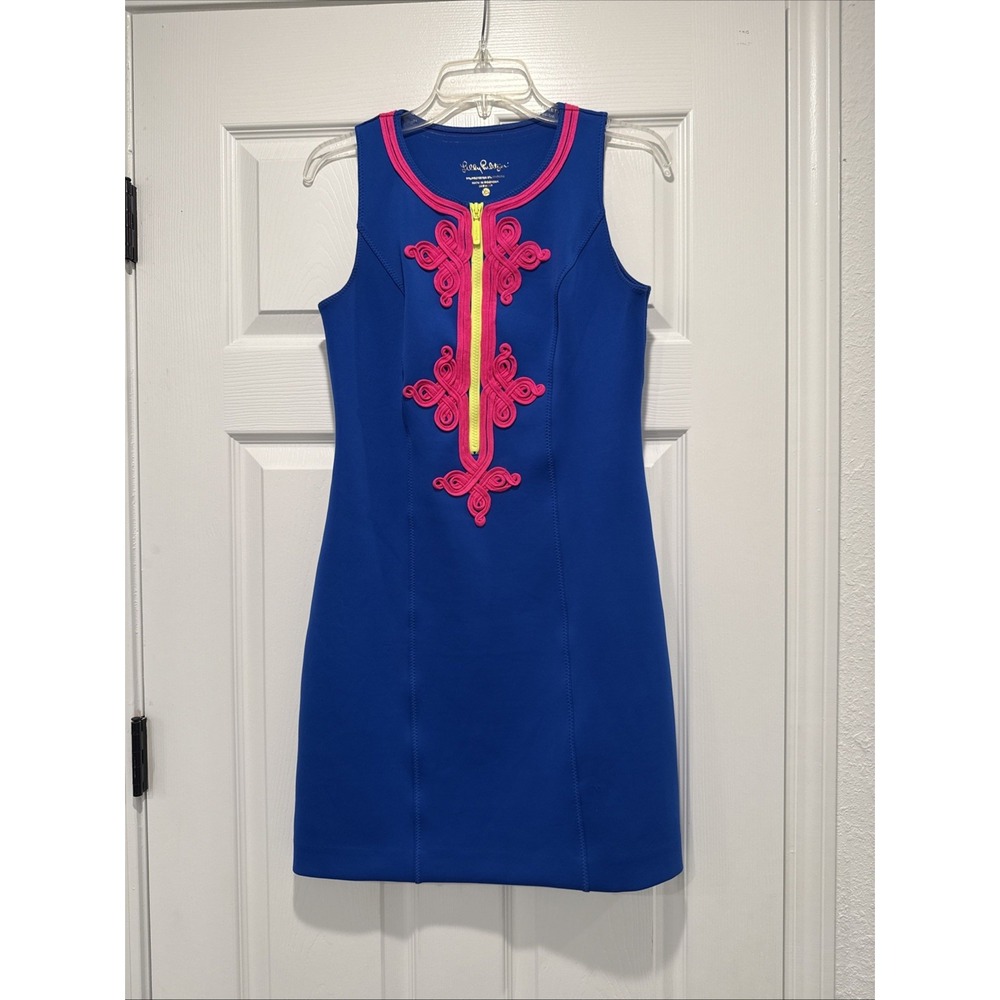Lilly Pulitzer Mila Shift Dress XS Blue with Pink Embroidery (read description)